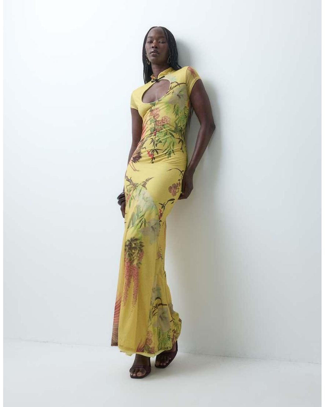 ASOS Green Printed Stretch Chiffon Maxi Dress With Mandarin Collar