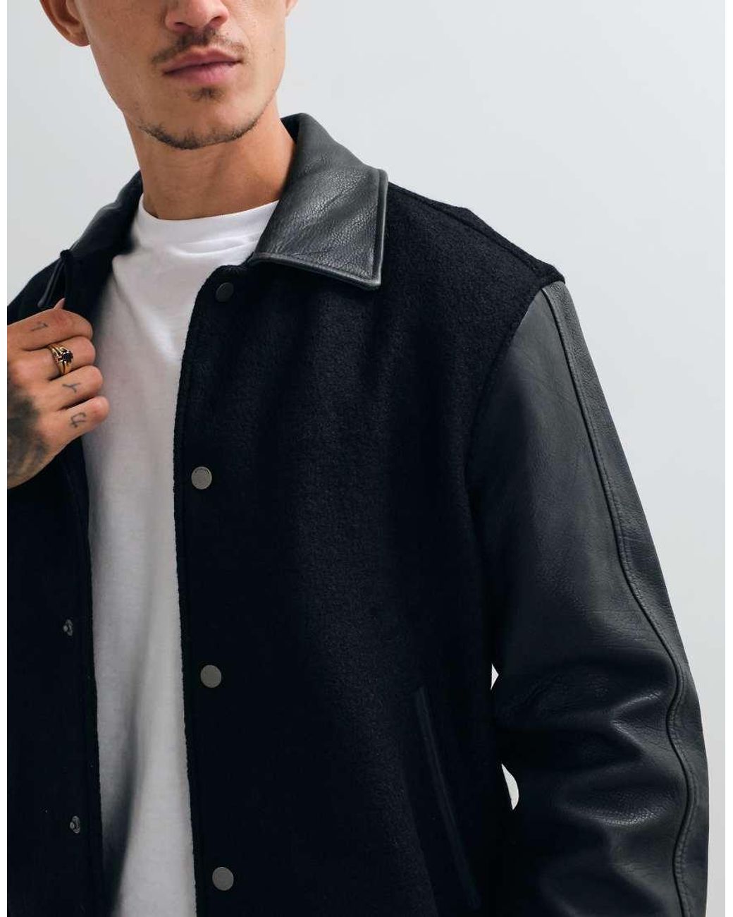 AllSaints Blue Vanson Wool Leather Varsity Bomber Jacket for men