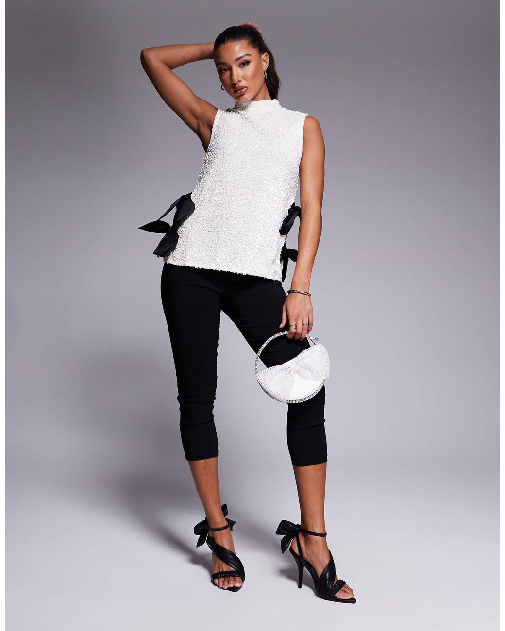 Sequin Embellished Silk Bow Top (S)