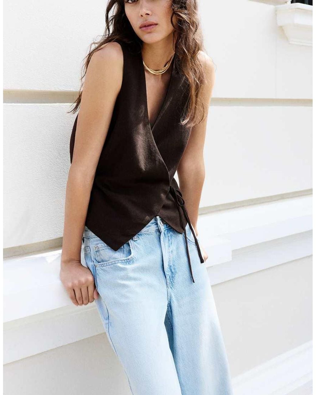 Pull&Bear Black Linen Blend Vest With Side Tie Fastening