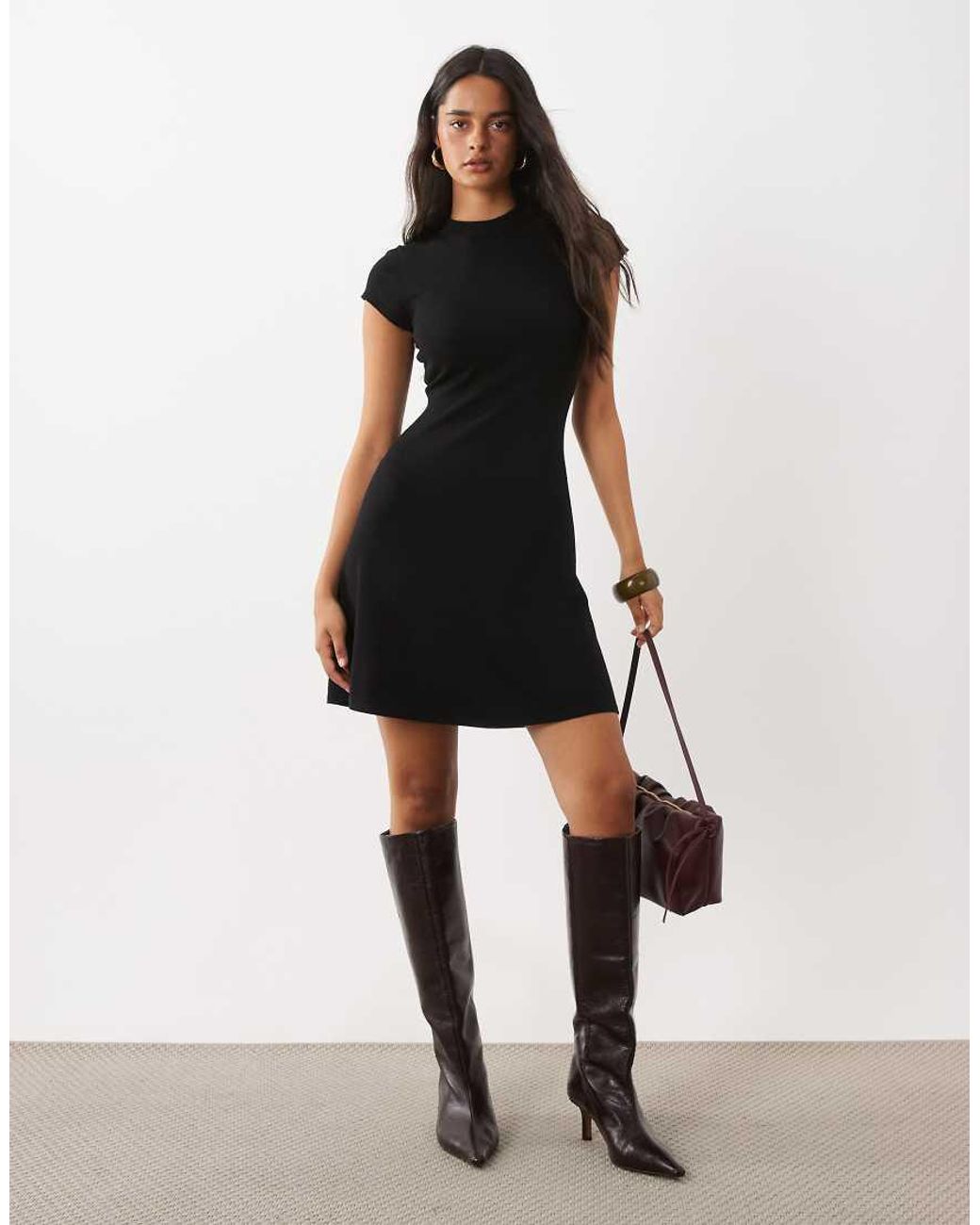 Kaiia Black Exclusive Knitted Cap Sleeve Mini Skater Dress