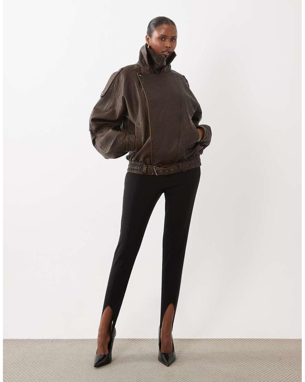 Noughts & Kisses Brown Eska Faux Leather Funnel Neck Buckle Detail Oversized Bomber Jacket
