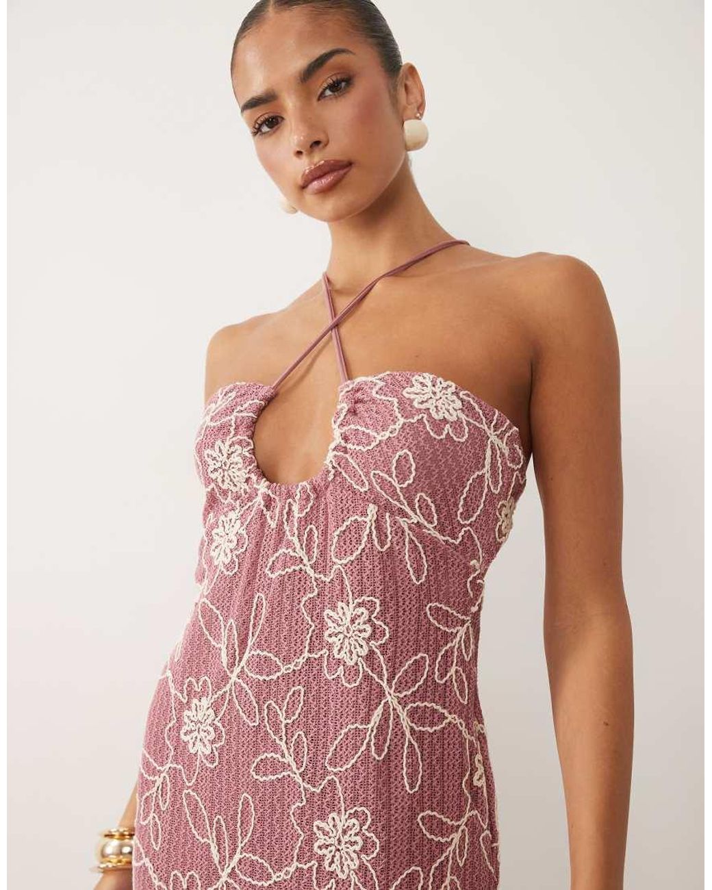 ASOS Pink Embroidered Crochet Maxi Dress With U Scoop
