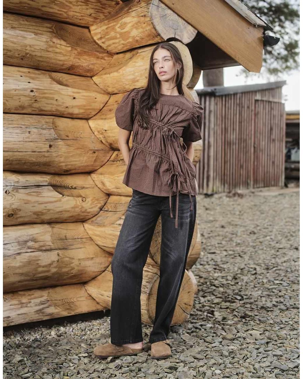 Daisy Street Brown Shirred Hemlock Blouse With Puff Sleeve