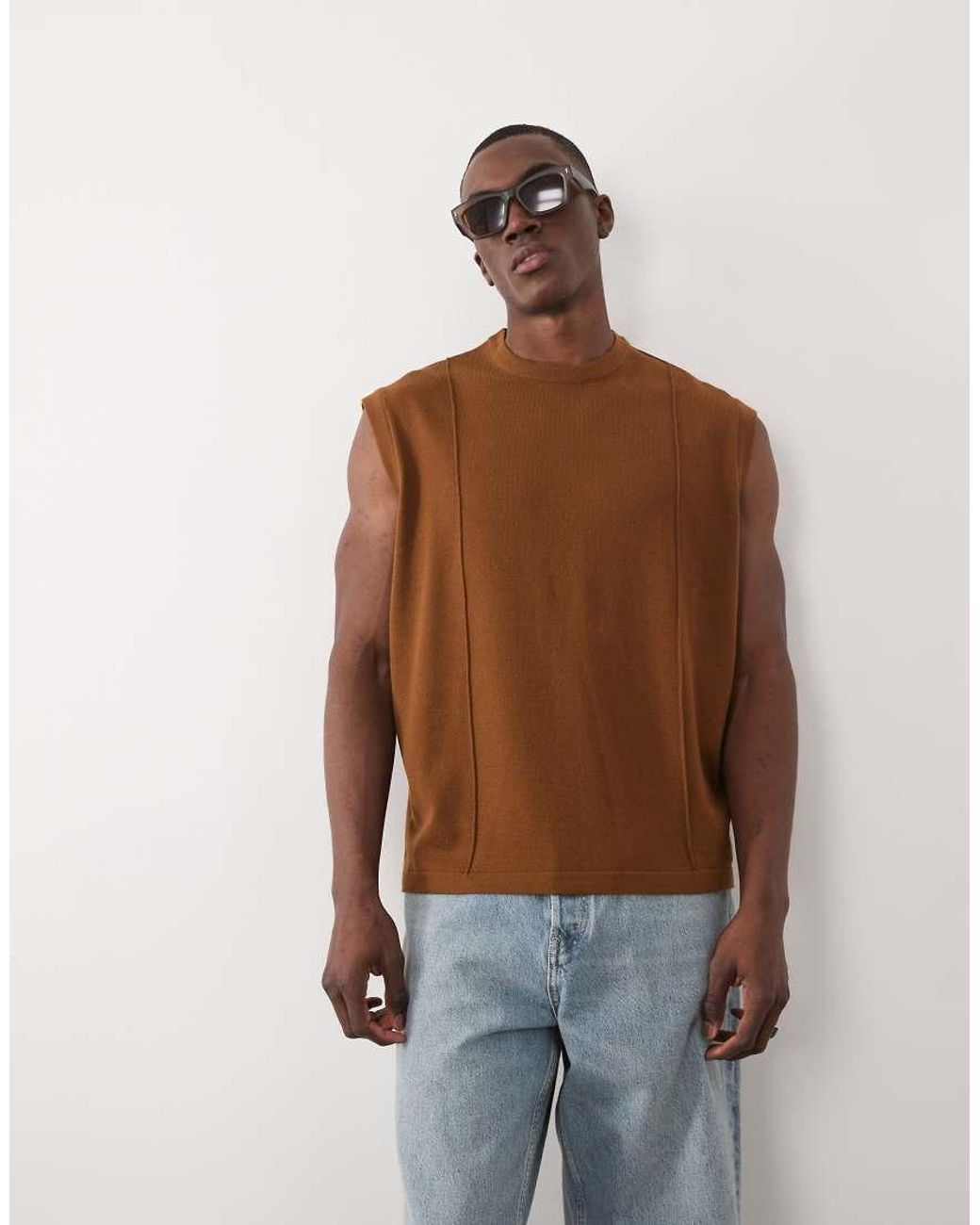 ASOS Brown Oversized Knitted Vest With Piping Detail for men
