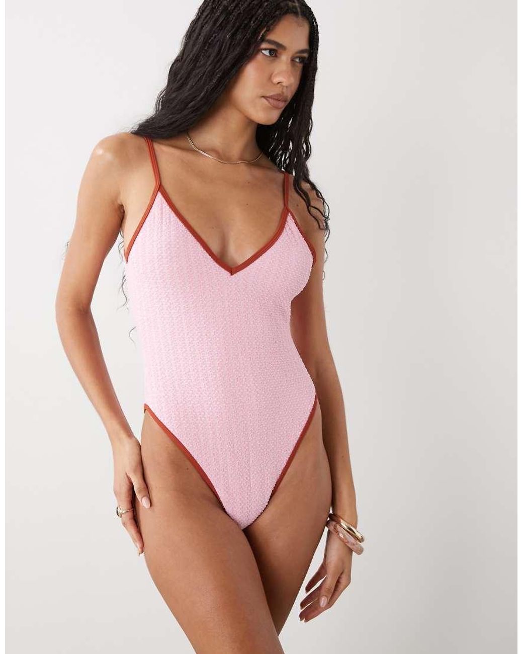 Reclaimed Vintage Pink Swimsuit With Deep V And Low Back