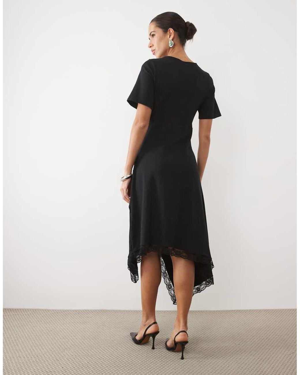 ASOS Black Short Sleeve With Lace Detail With Asymmetric Midi Dress