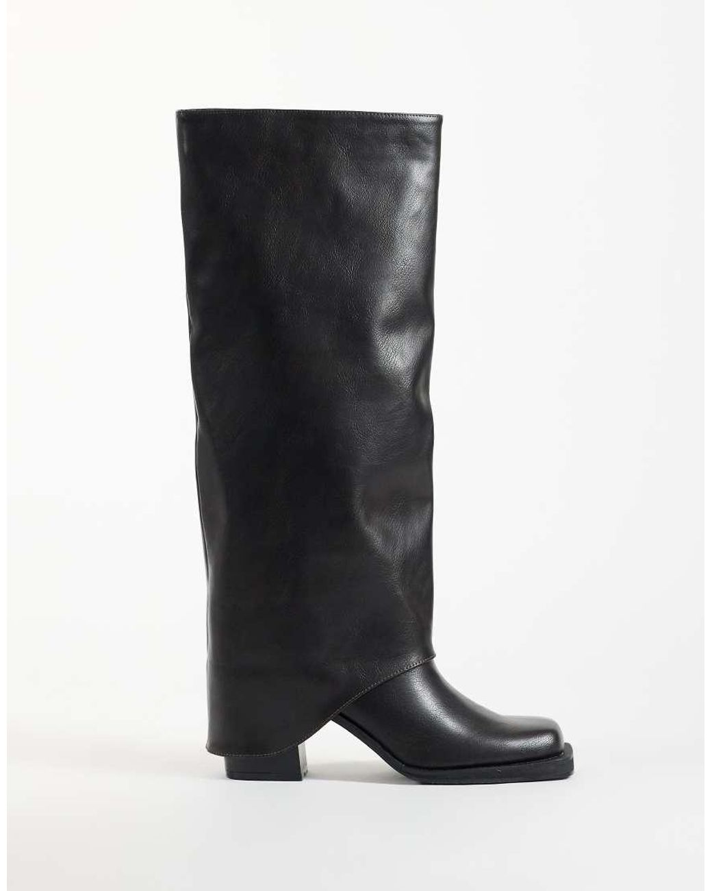 Public Desire Black Rocky Foldover Square Toe Knee Boots