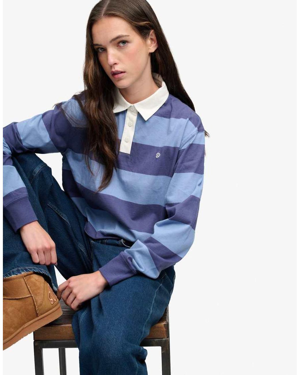 Superdry Blue Athletic Essential Cropped Stripe Rugby Top
