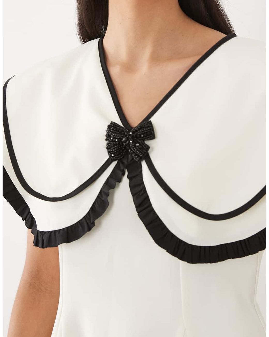 Sister Jane Natural Oversized Collar Puff Sleeve Mini Dress With Detachable Beaded Bow