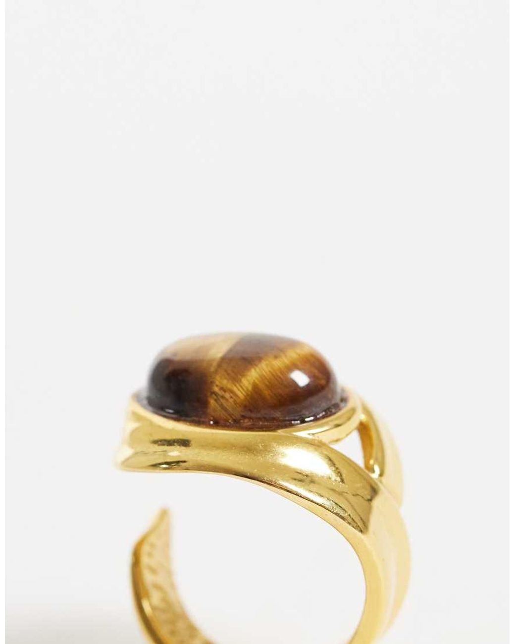 ASOS Metallic Stainless Steel Ring With Real Tigers Eye Stone Set