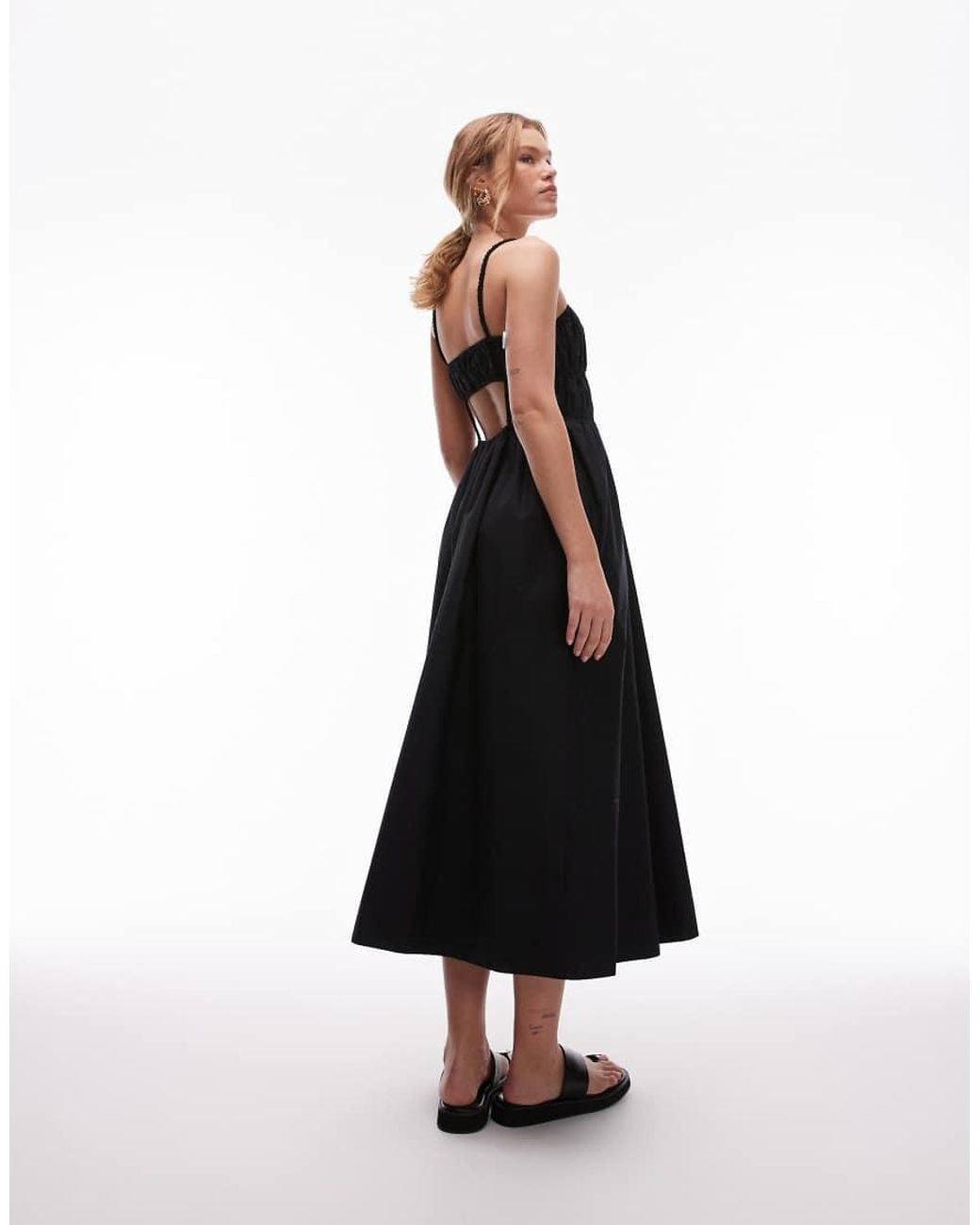 TOPSHOP White Shirred Poplin Midi Dress