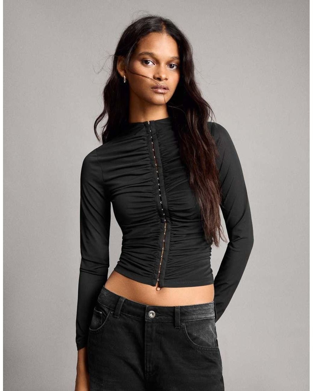 Bershka Black Long Sleeve Gathered Tulle Top