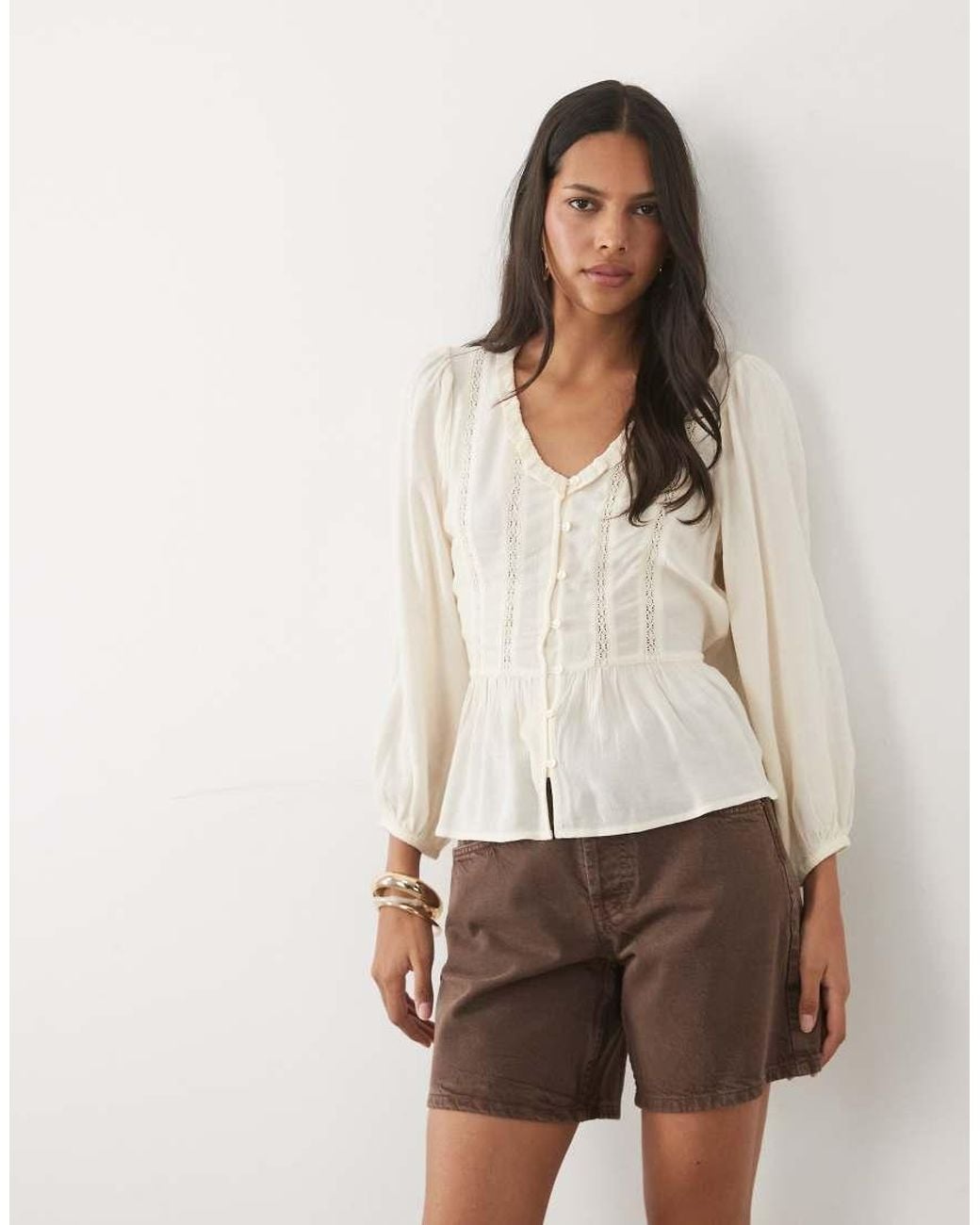 New Look Natural Broderie Detail Frill Blouse