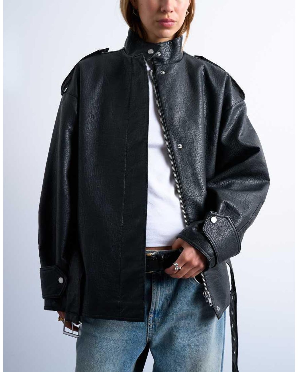 TOPSHOP Black Faux Bubble Leather Short Belted Funnel Bomber Jacket
