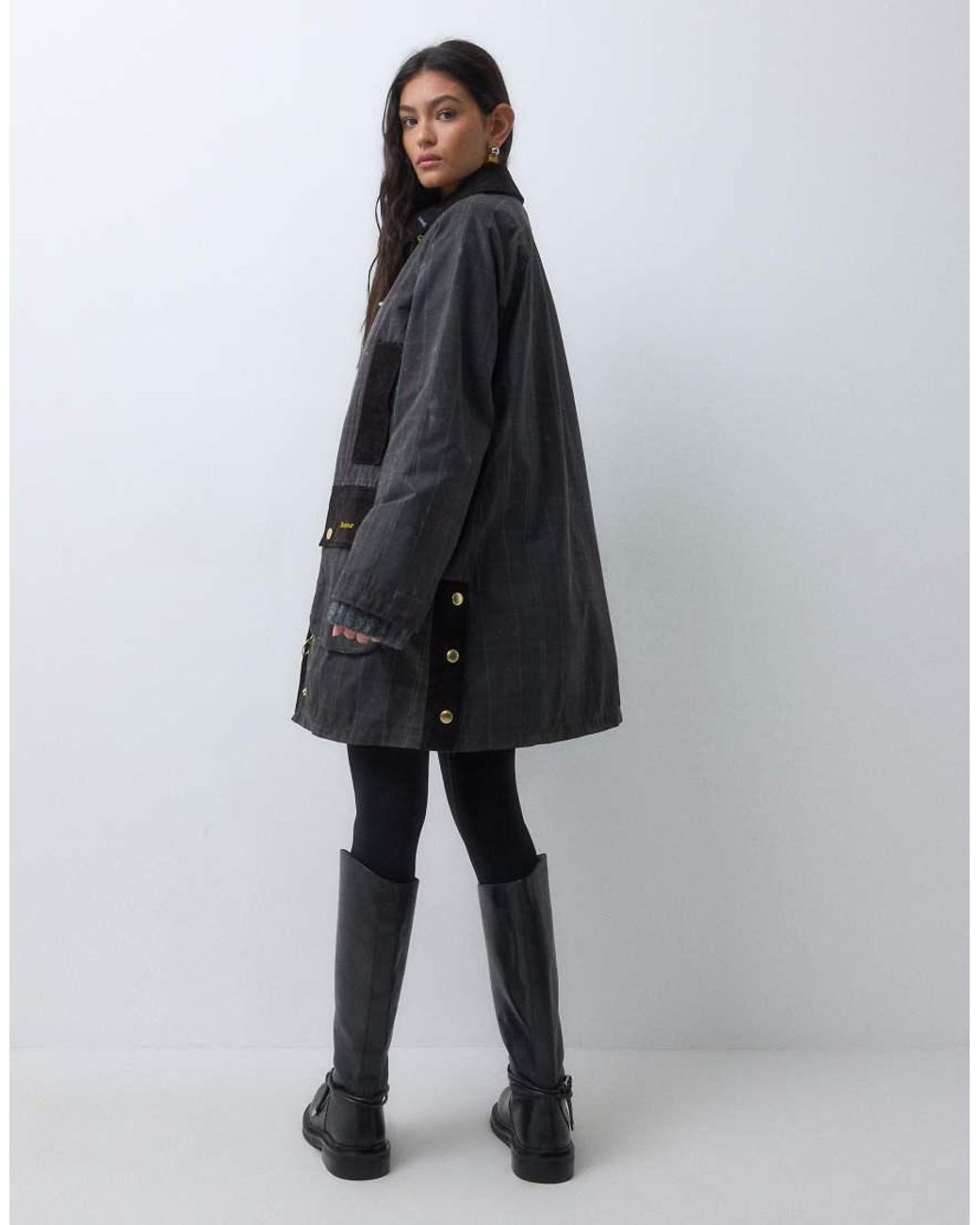 Barbour Gray Icons Beaufort Reimagined Long Wax Tartan Check Jacket