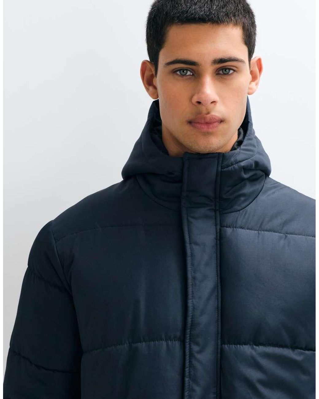 Blend Blue Longline Zip Through Hooded Puffer Jacket for men
