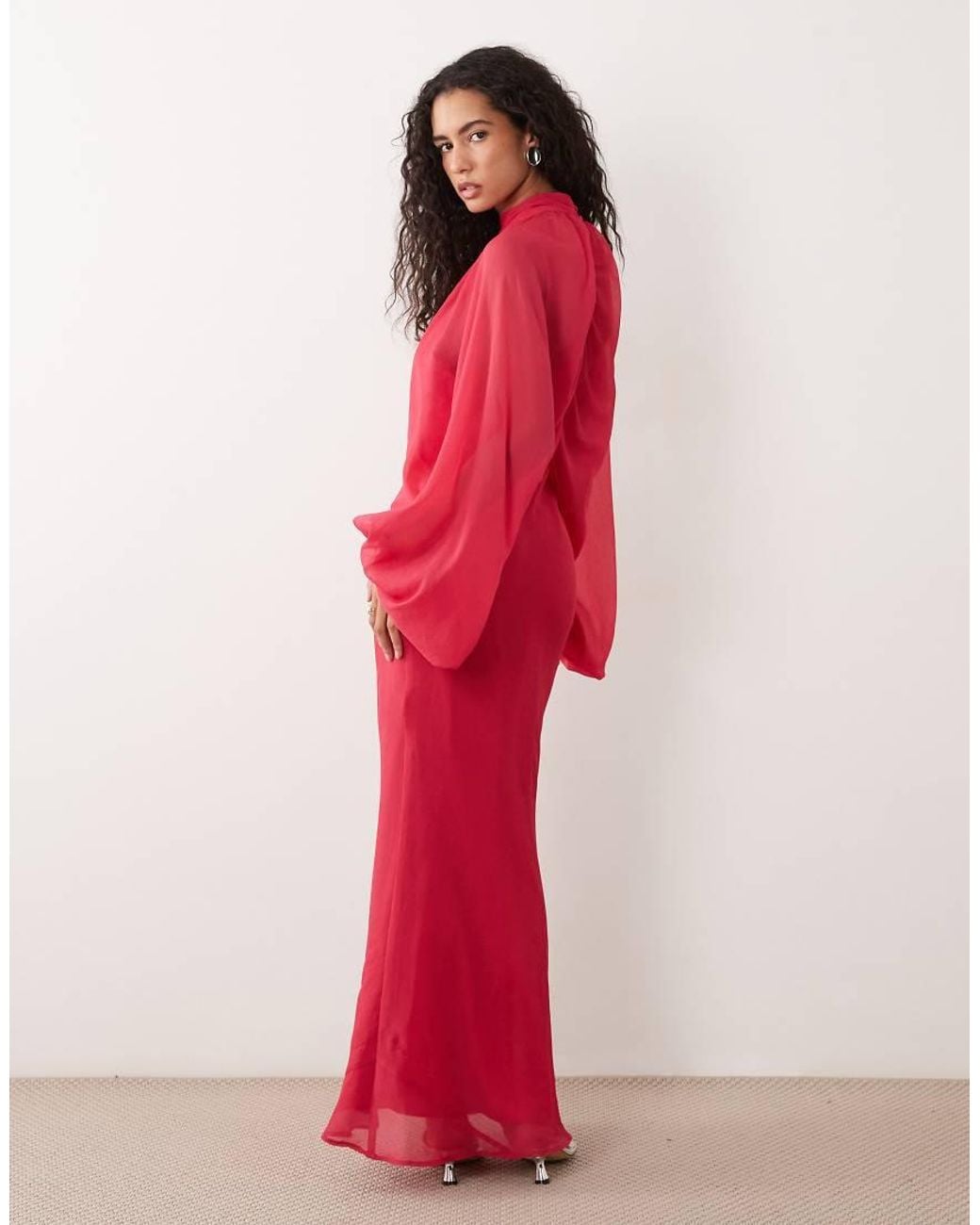 ASOS Red Keyhole Overlay Blouson Sleeve With Bias Cami Maxi Dress Underneath