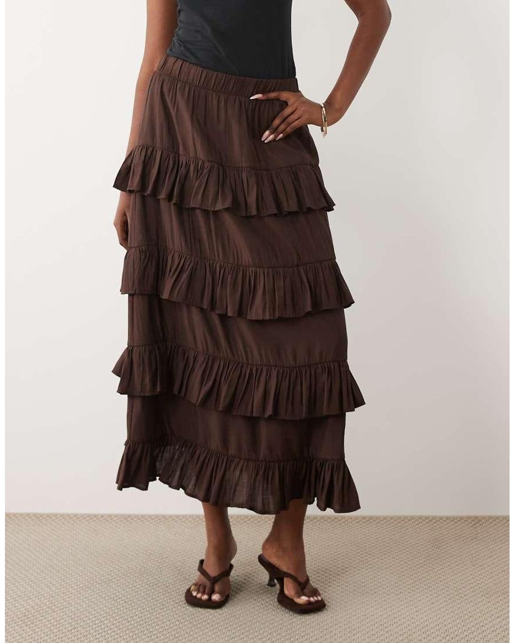 Y.A.S Brown High Waisted Tiered Ruffle Maxi Skirt