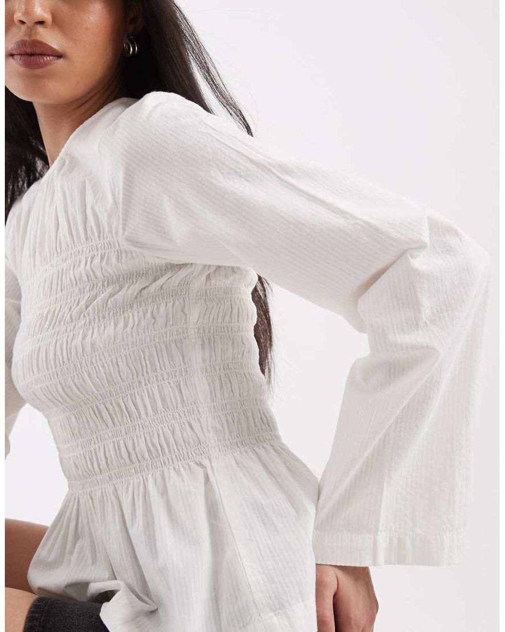 JJXX White Long Sleeve Shirred Top