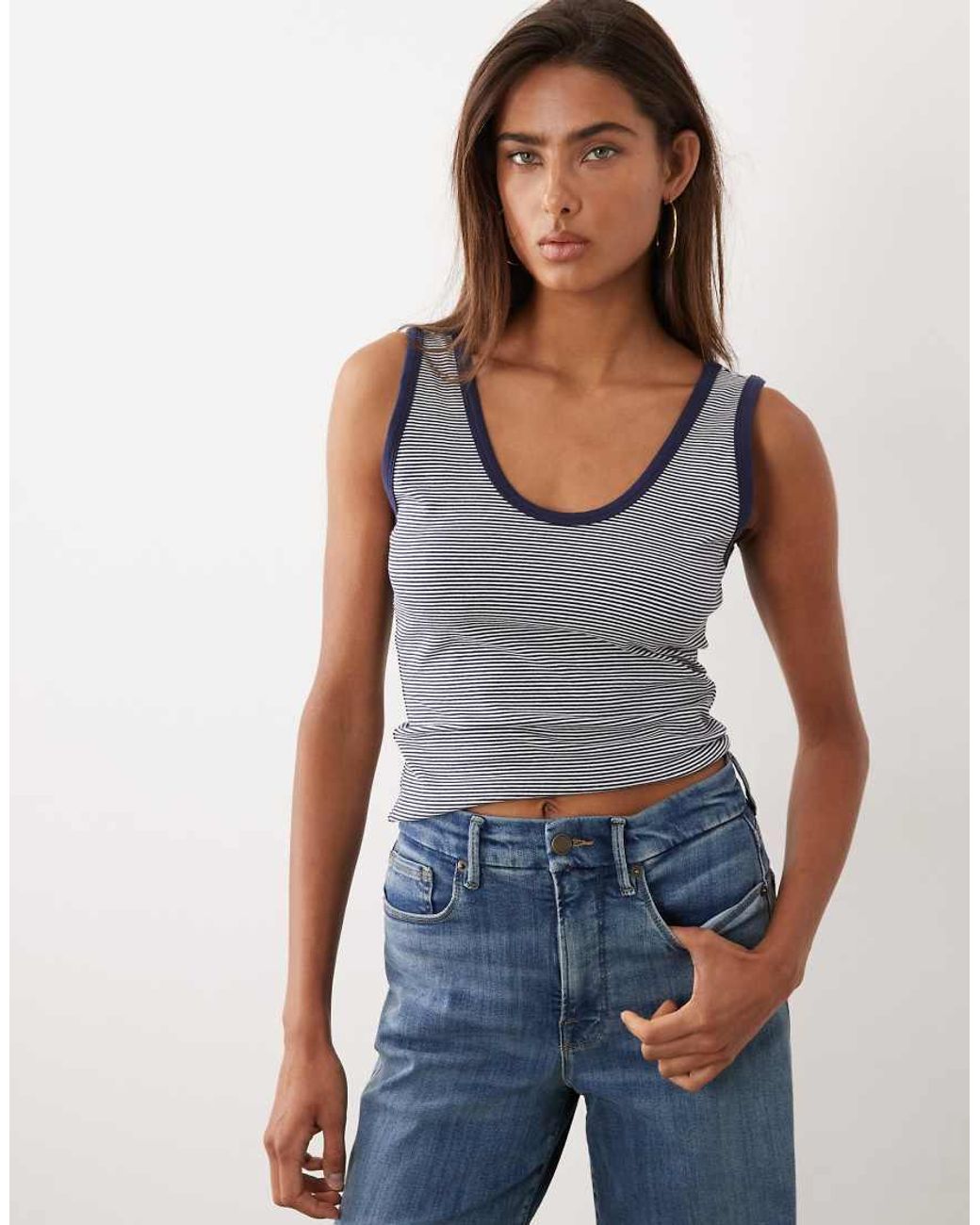 GOOD AMERICAN Blue Cotton Super Stretch Scoop Neck Ringer Tank Top