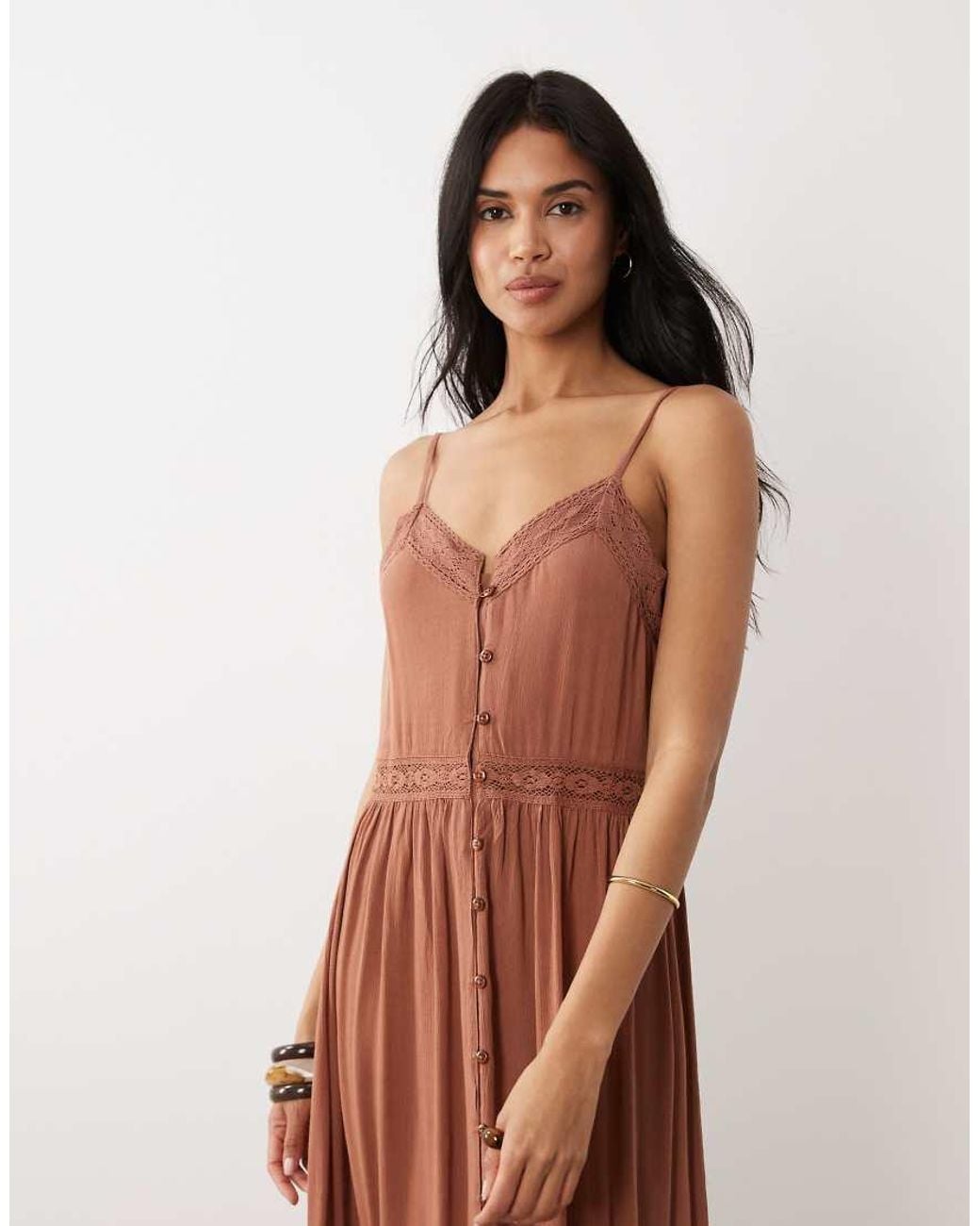 Iisla & Bird Brown Semi Sheer Button Down Maxi Dress With Lace Detail