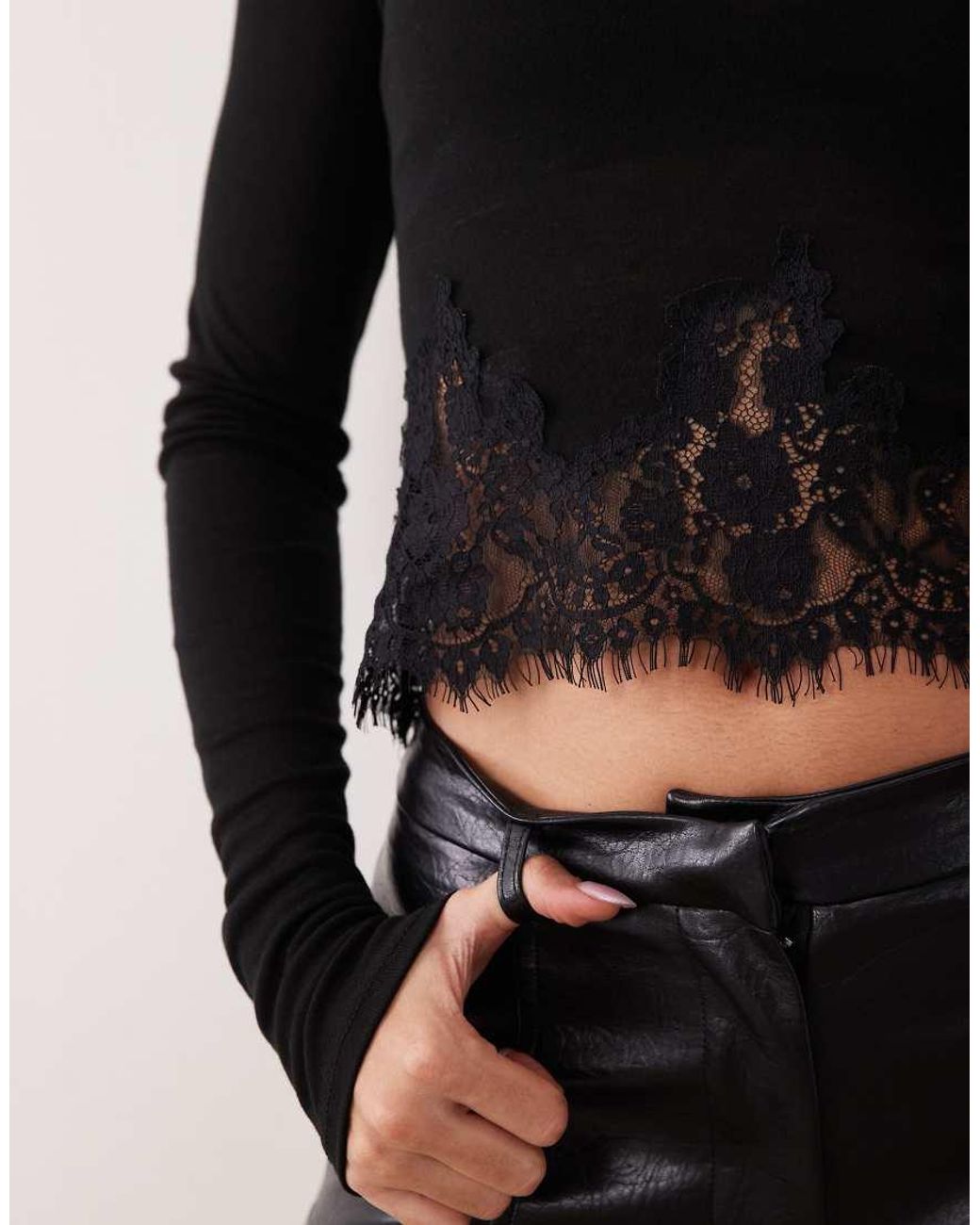 Noughts & Kisses Black Tala Wool Feel Sheer Mesh High Neck Lace Eyelash Trim Top