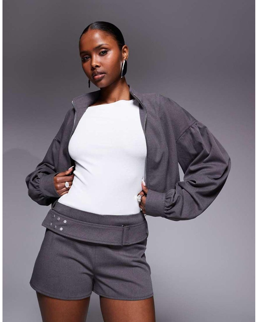 Kaiia Gray Exclusive Tailored Stud Belt Detail Micro Shorts