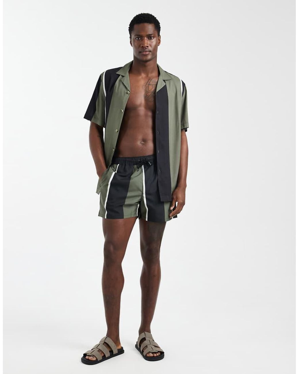 Camicia Vestibilità Classica Nera E Kaki A Righe Con Rever di ASOS in Gray da Uomo