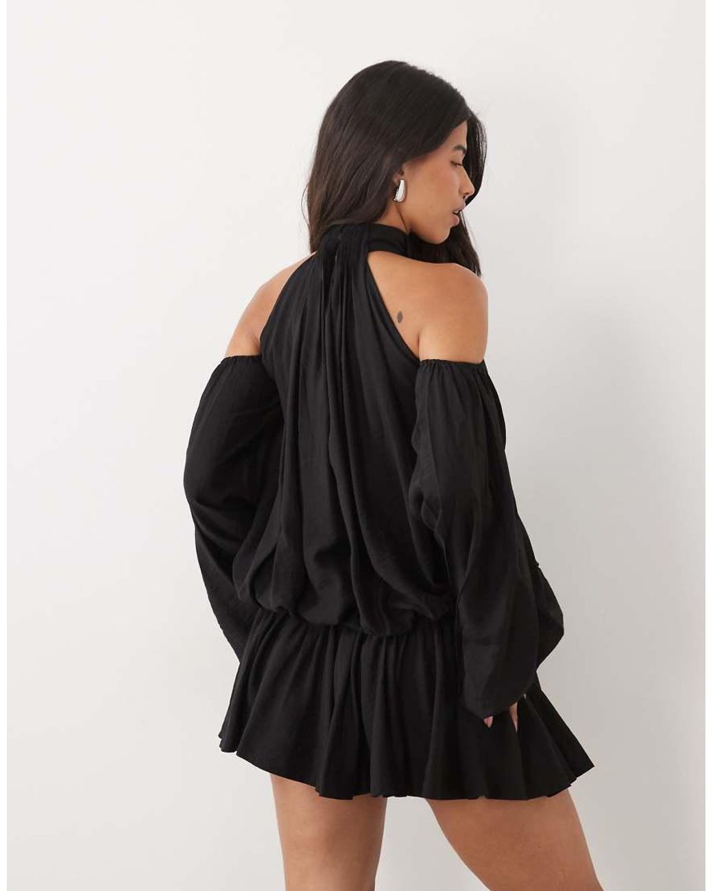 ASOS Black Blouson Cold Shoulder Mini Dress With Flippy Skirt
