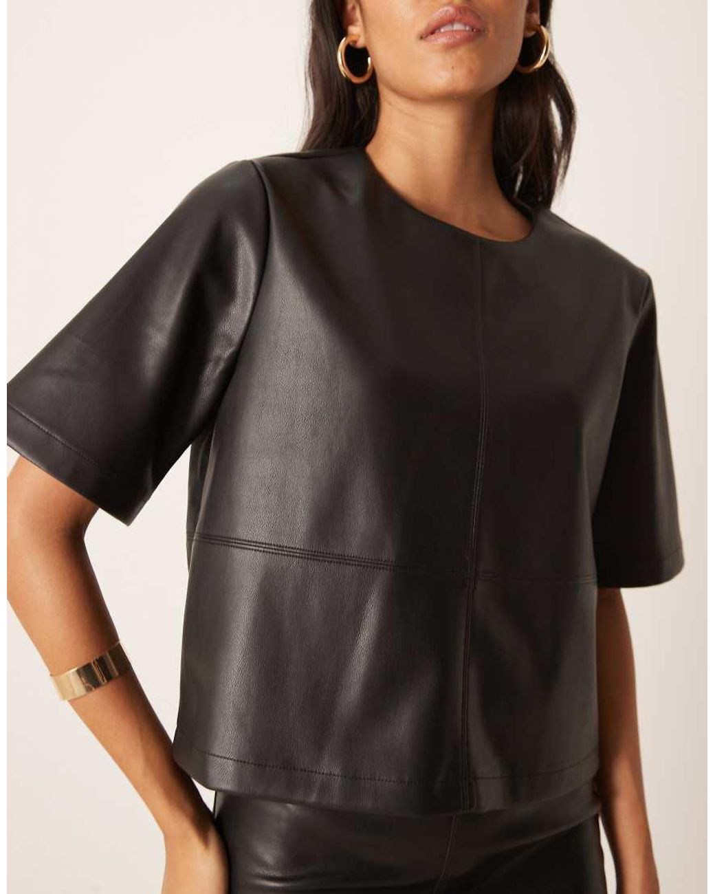 Gina Tricot Black Pu Boxy Fit Short Sleeve Top
