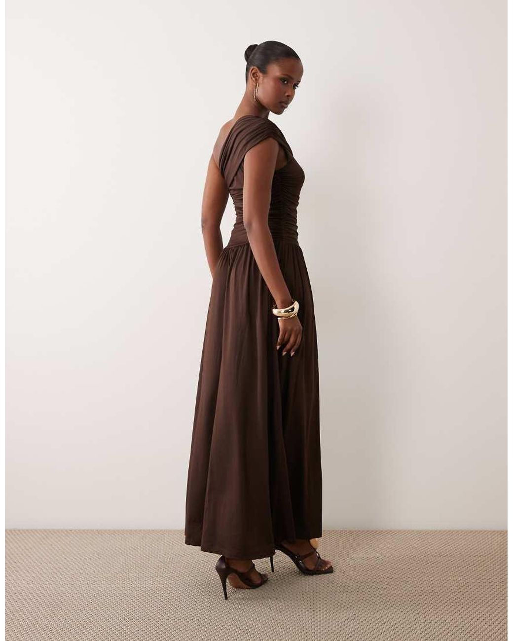 Y.A.S Brown Draping One Shoulder Maxi Dress