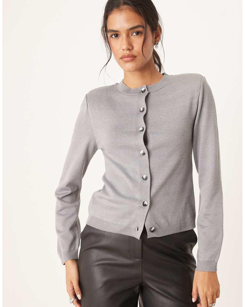 ASOS Gray Knitted Neat Fit Cardigan With Shoulder Pads