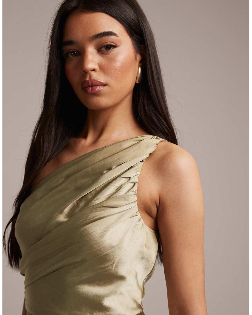 Pretty Lavish Natural Bridesmaids Juliet Satin Gathered One Shoulder Maxi Dress