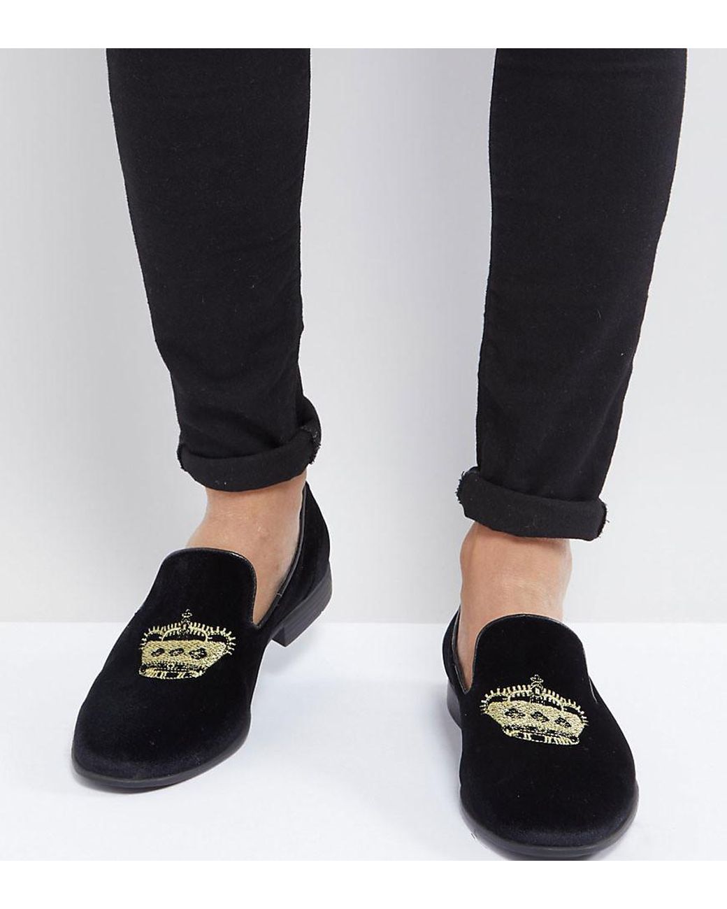 ASOS Loafers In Black Velvet With Crown Embroidery for Men | Lyst