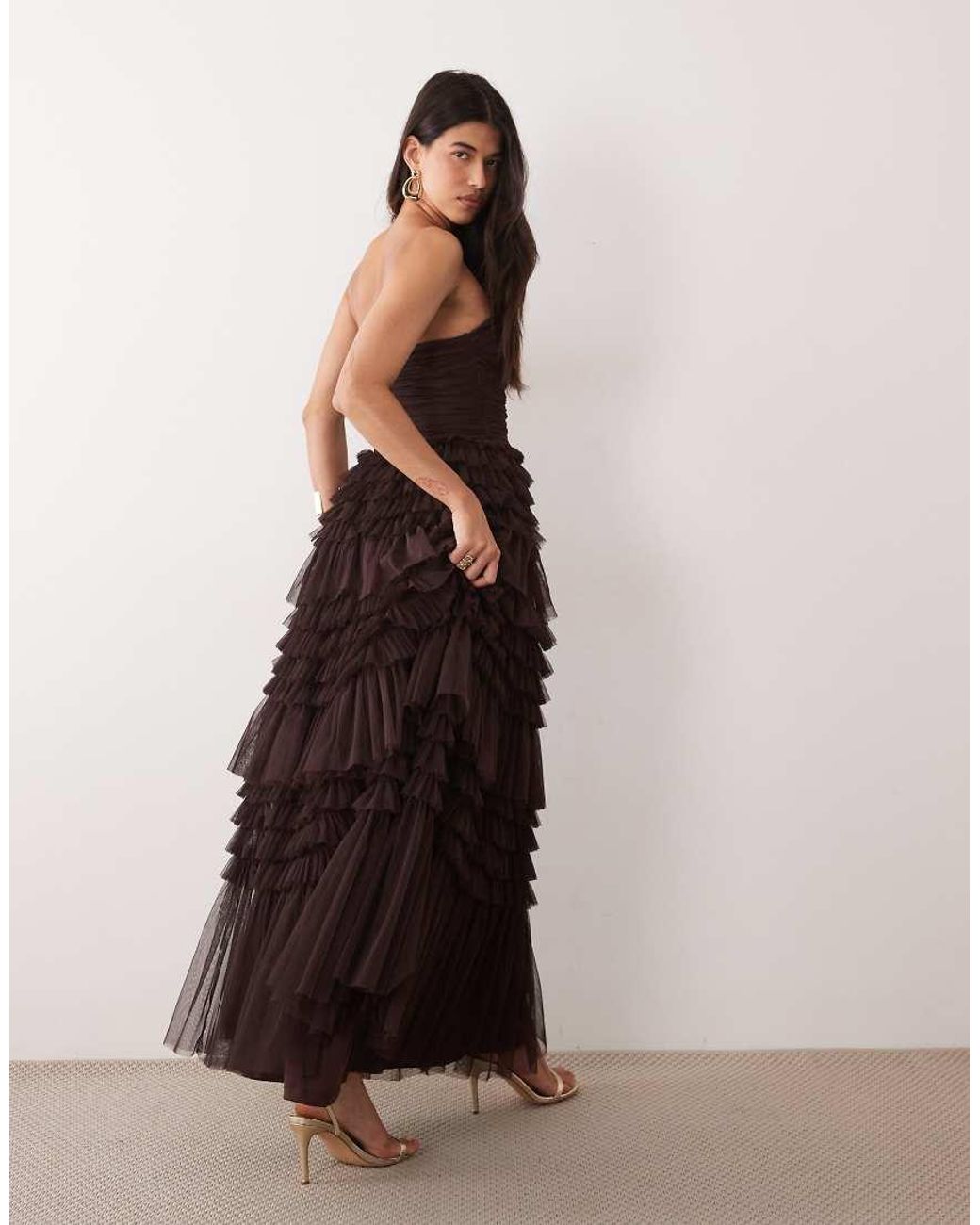LACE & BEADS Multicolor Tulle Bandeau Tiered Ruffle Maxi Dress