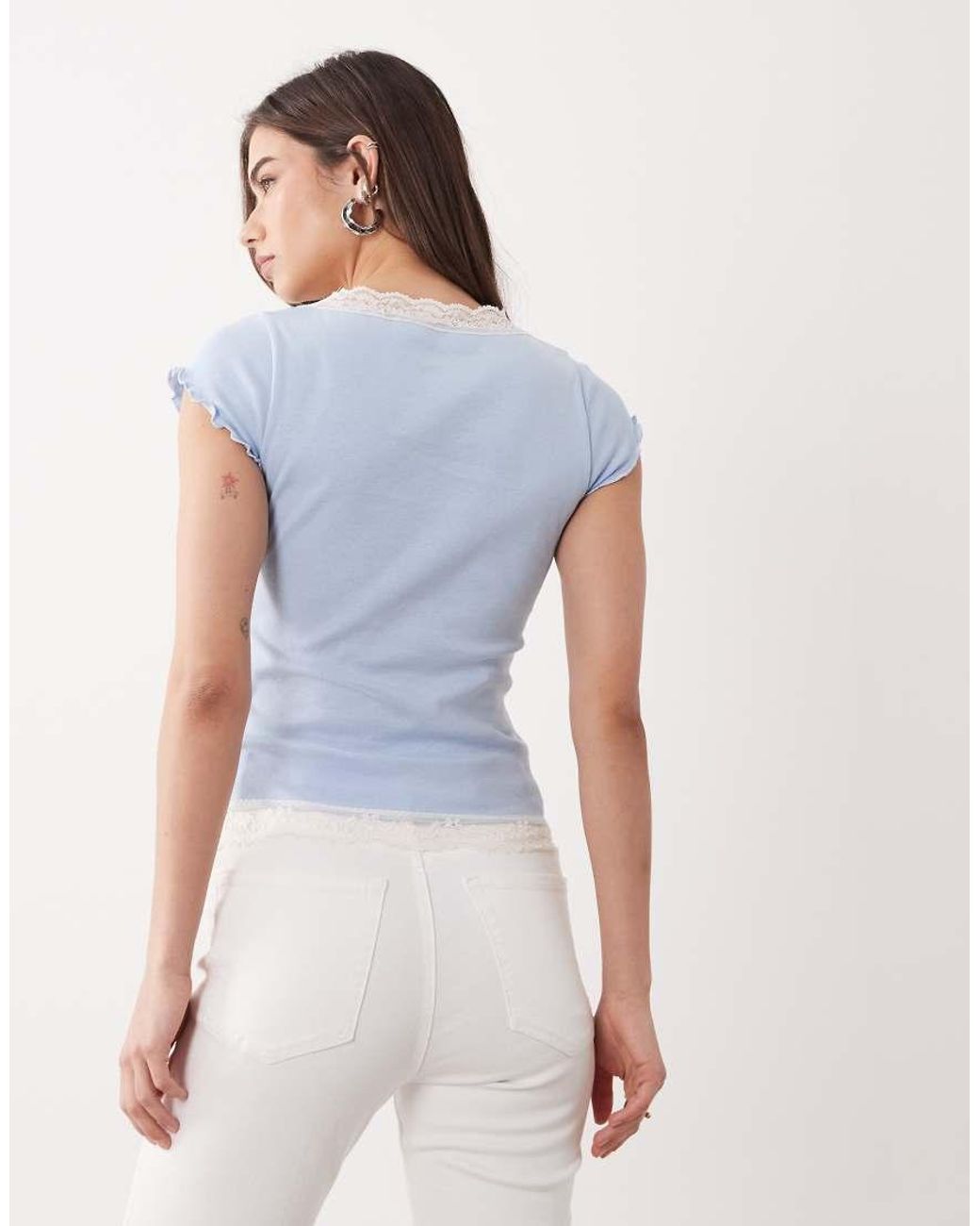 Miss Selfridge White Scoop Neck Fitted Rib Top With Lace Trim