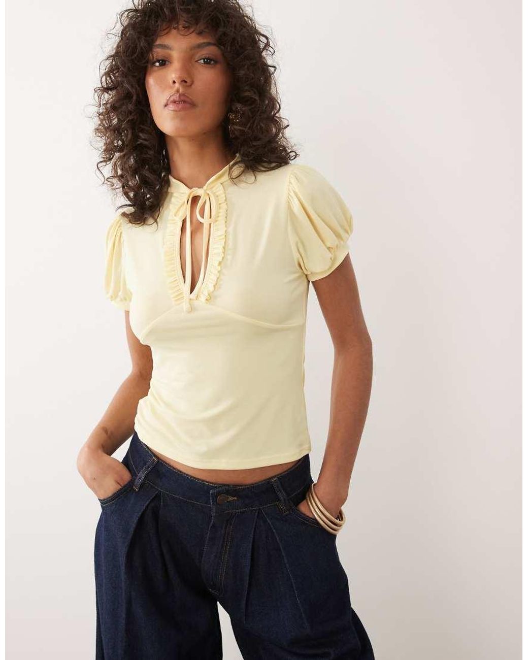 Miss Selfridge Blue Ruffled Keyhole Top With Mandarin Collar