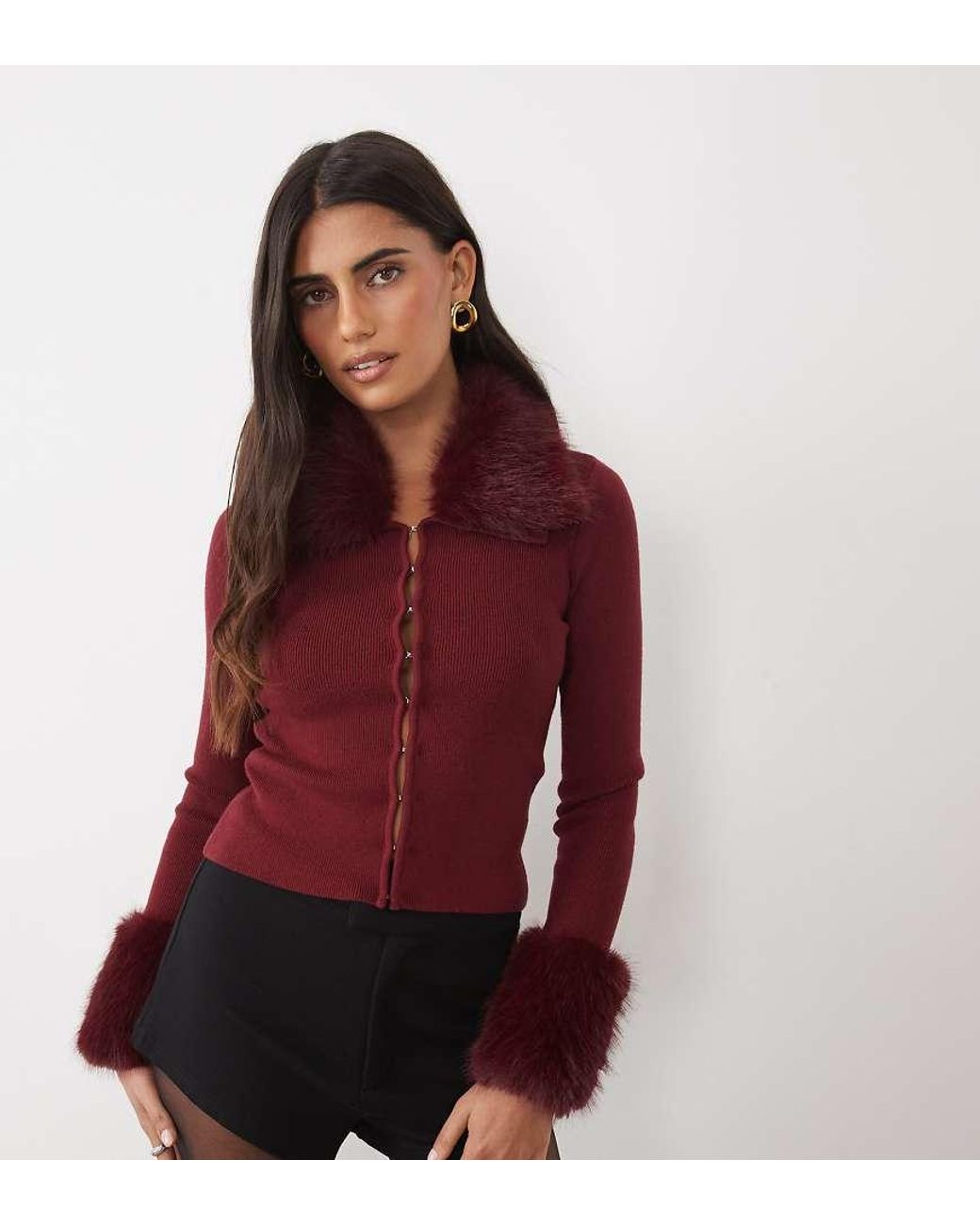 The Frolic Red Exclusive Knitted Faux Fur Collar & Cuff Cardigan