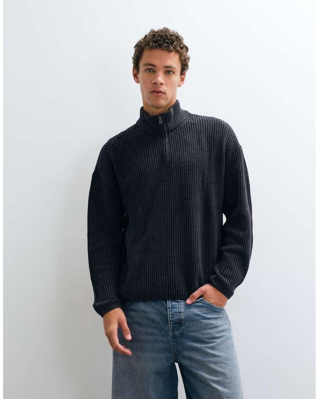 Hollister Blue Knitted 1/4 Zip Ribbed Jumper for men