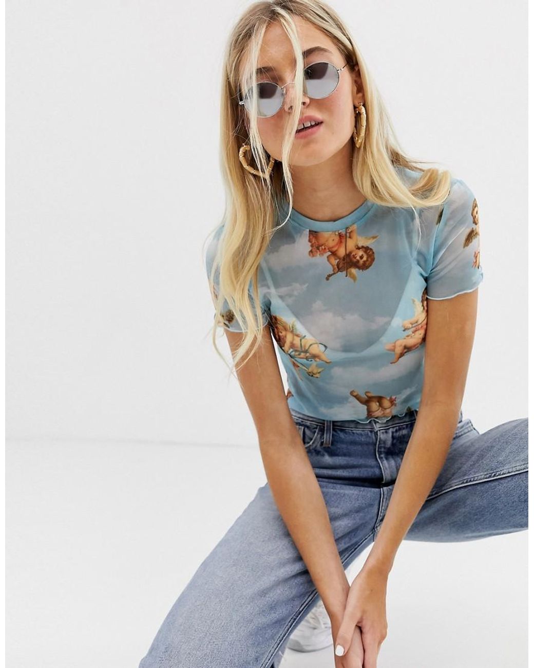 Bershka Denim Angel Print Tshirt in 