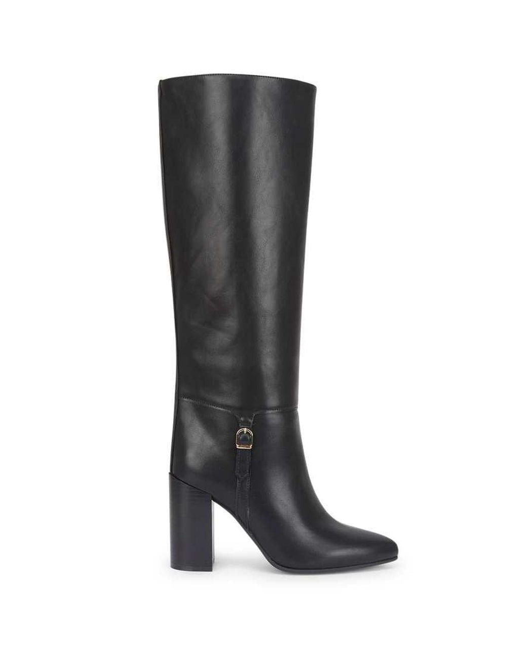SEQWL Black Block Heel Knee High Boots With Pointed Toe And Buckle