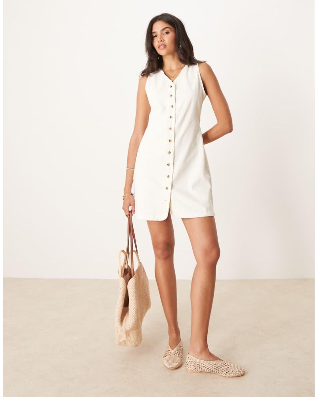 ASOS Natural Denim Sleeveless V Neck Dress With Button Through