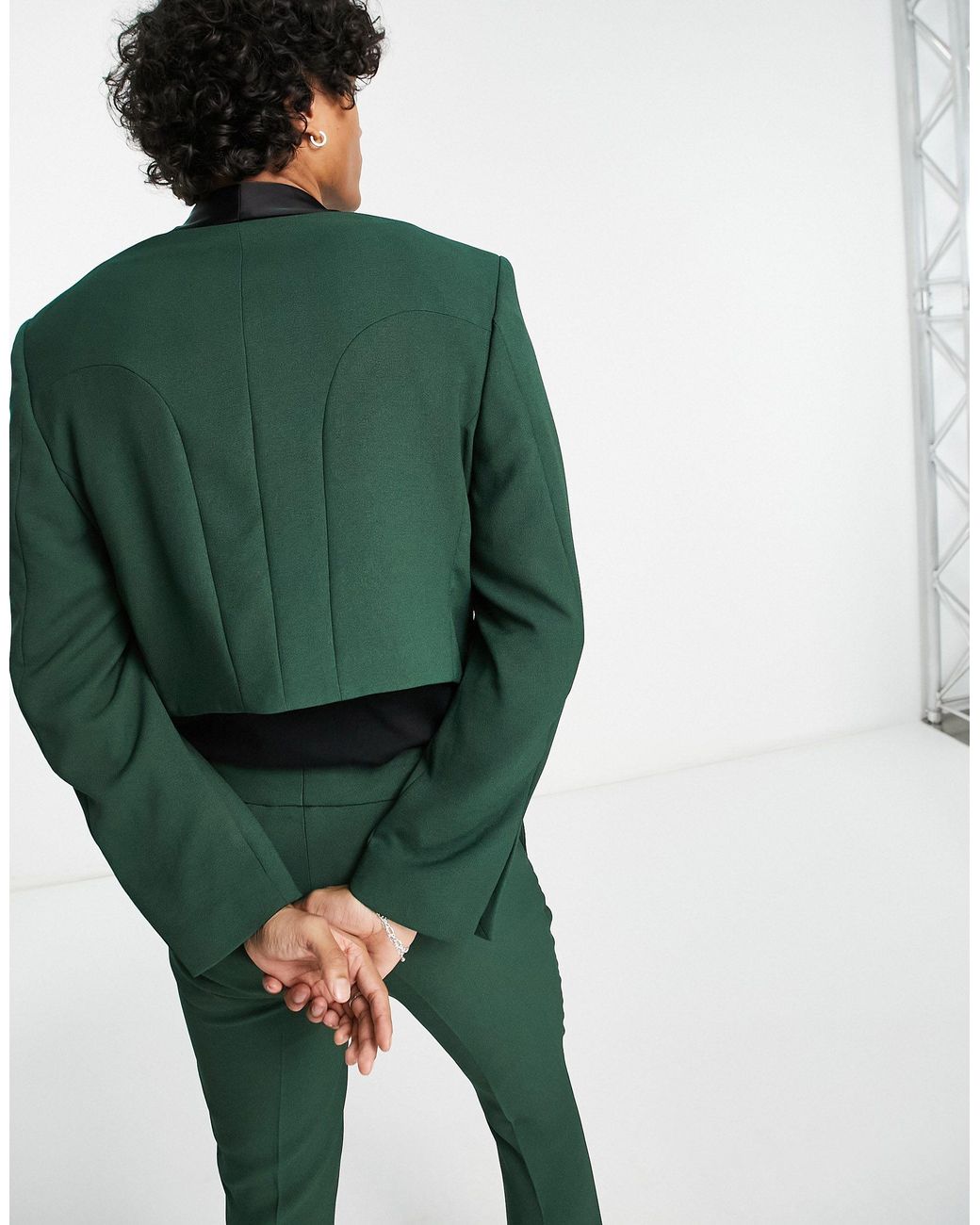 ASOS Cropped Suit Jacket With Contrast Satin Lapel in Green for Men | Lyst