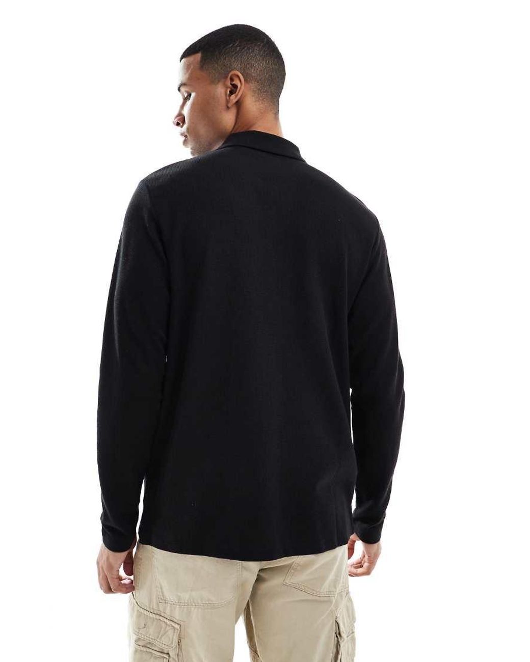 Jack & Jones Black Textured Polo With Long Sleeves for men