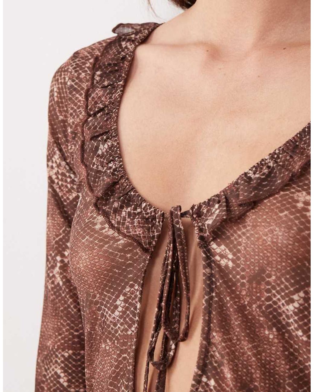 Motel Blue Long Sleeve Snake Skin Ruffle Edged Top