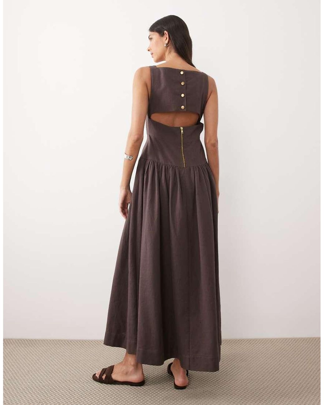 ASOS Brown Deep V Neck Dropped Waist Midi Sundress