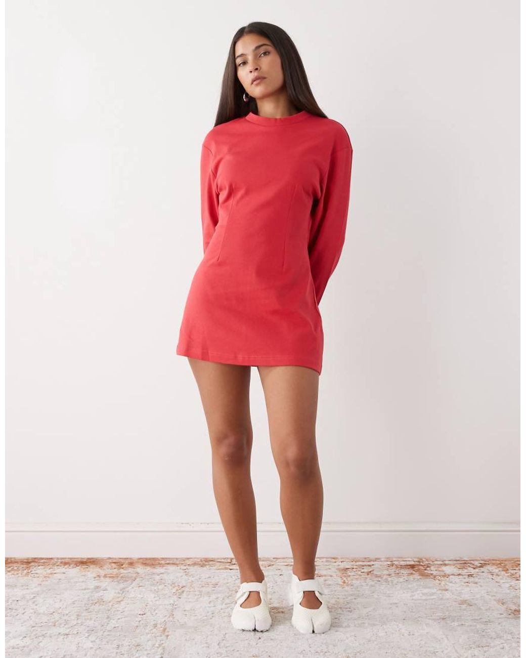 Monki Red Cinched Waist Long Sleeve Mini Dress