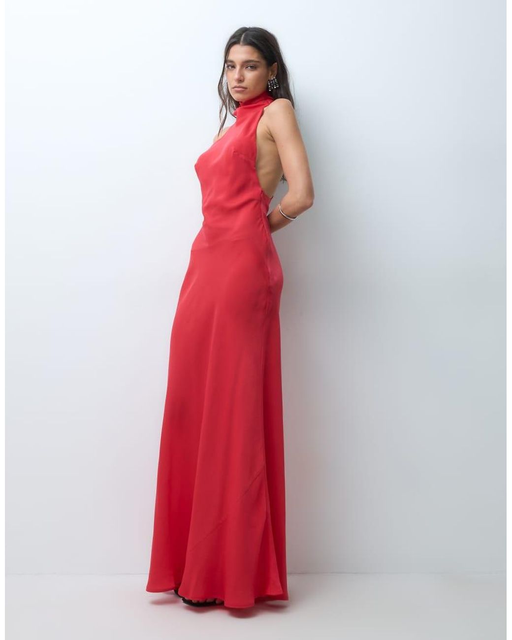 ASOS Red Funnel Neck Bias Cut Sleeveless Satin Maxi Dress
