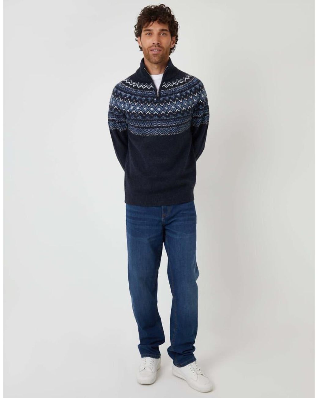 Threadbare Blue Fairisle Quarter Zip Knitted Jumper With Wool for men